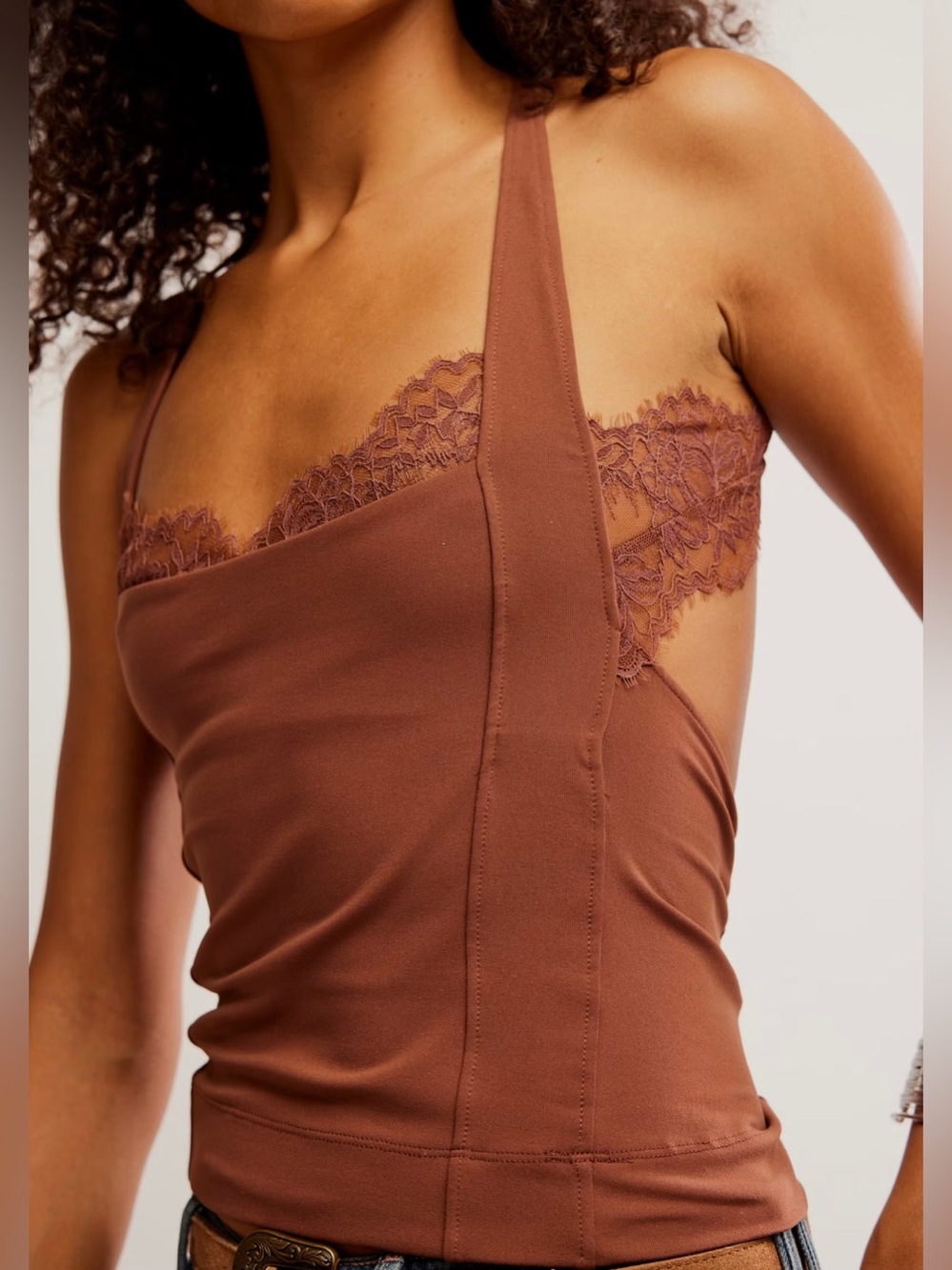 Free People Intimately Looking Good Cami Brown Lace Trim Top Open Back Size M - Picture 2 of 7